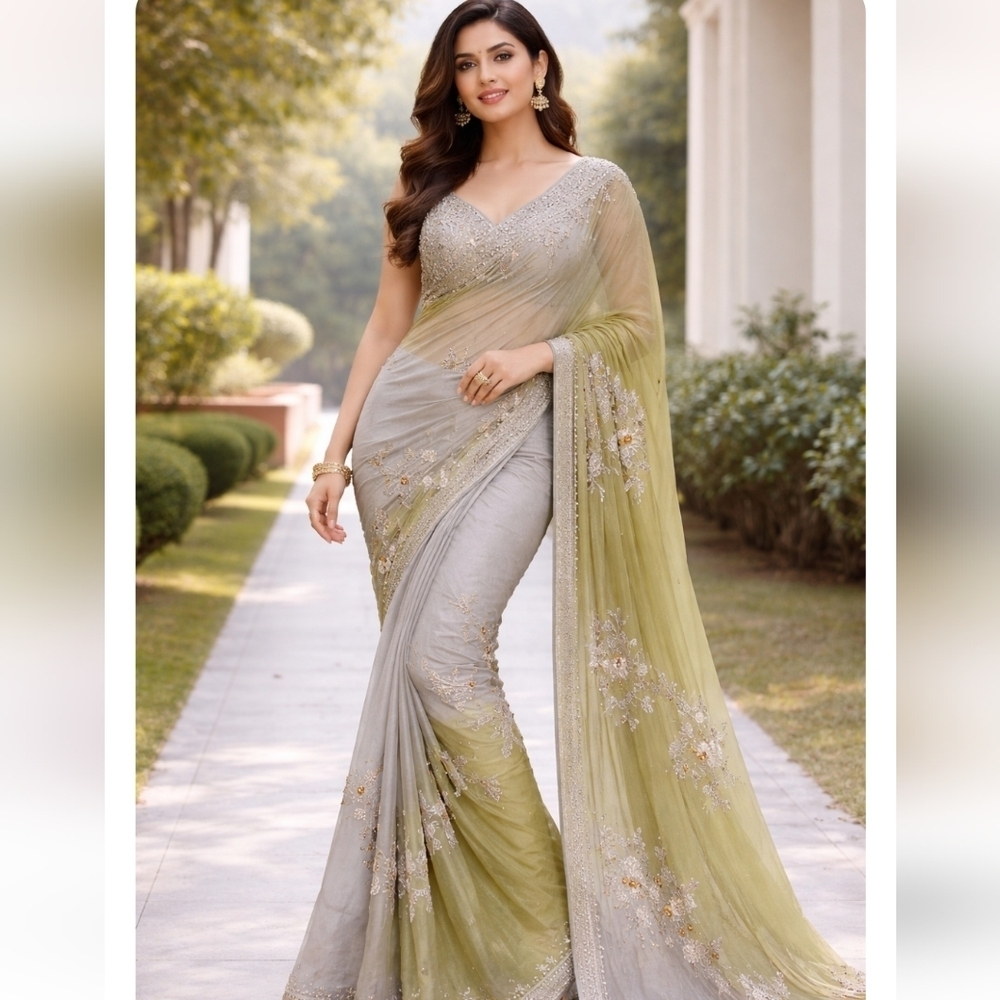 Gorgeous Green & Gray Embroidered Indian Saree - Great Condition